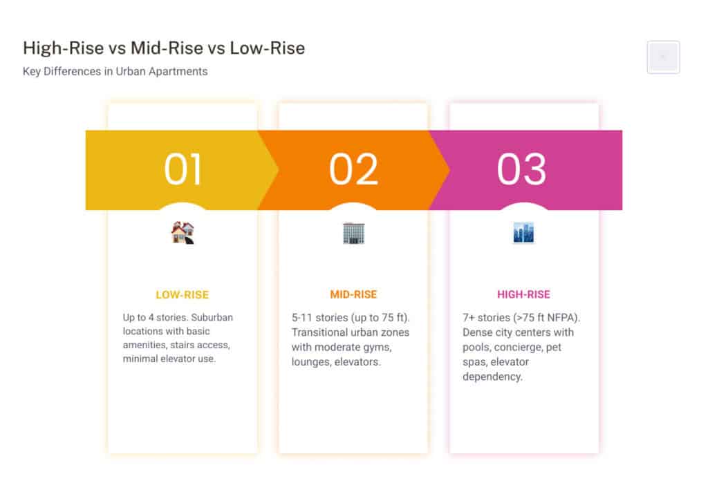 Infographic comparing high-rise, mid-rise, and low-rise height thresholds - high rise apartments infographic pillar-3-steps